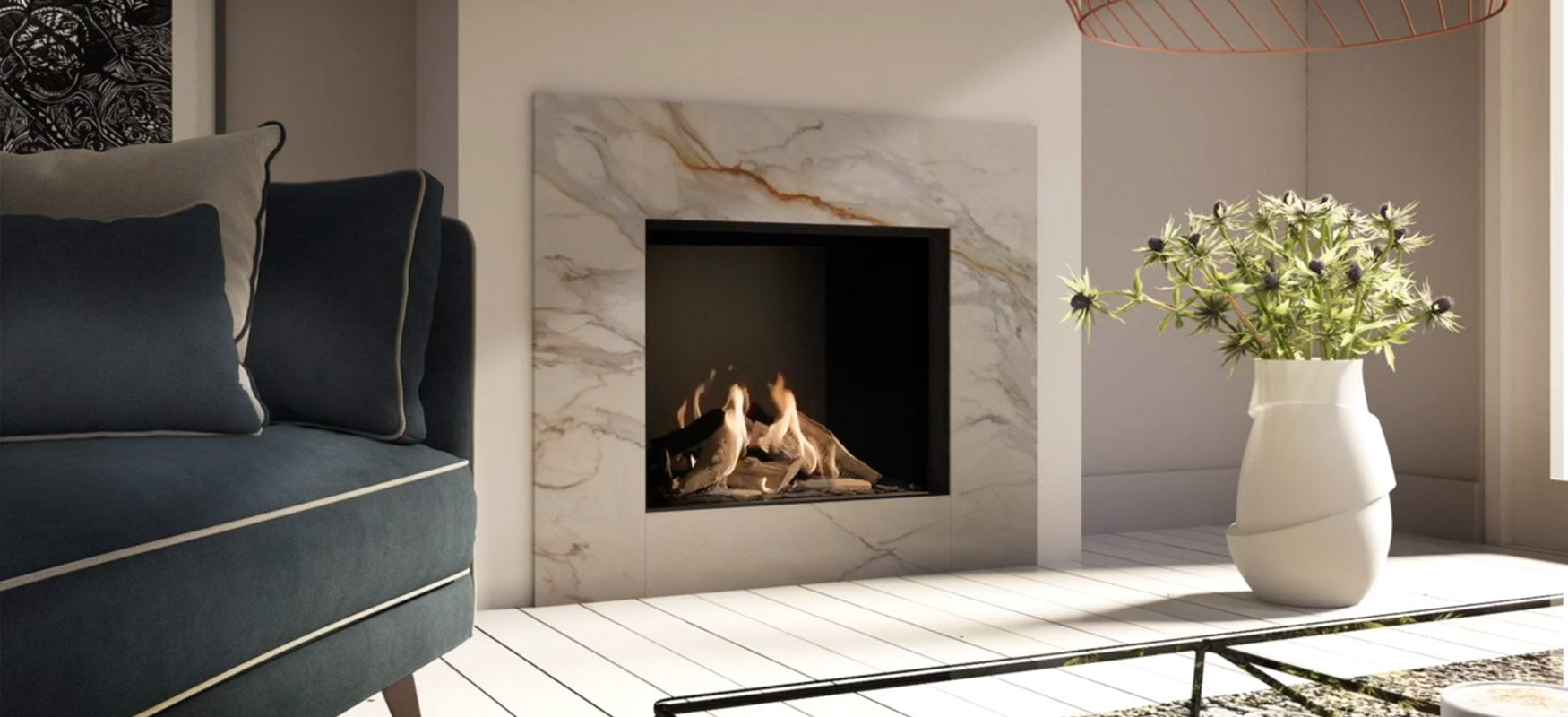 Modern gas fire with marble surround